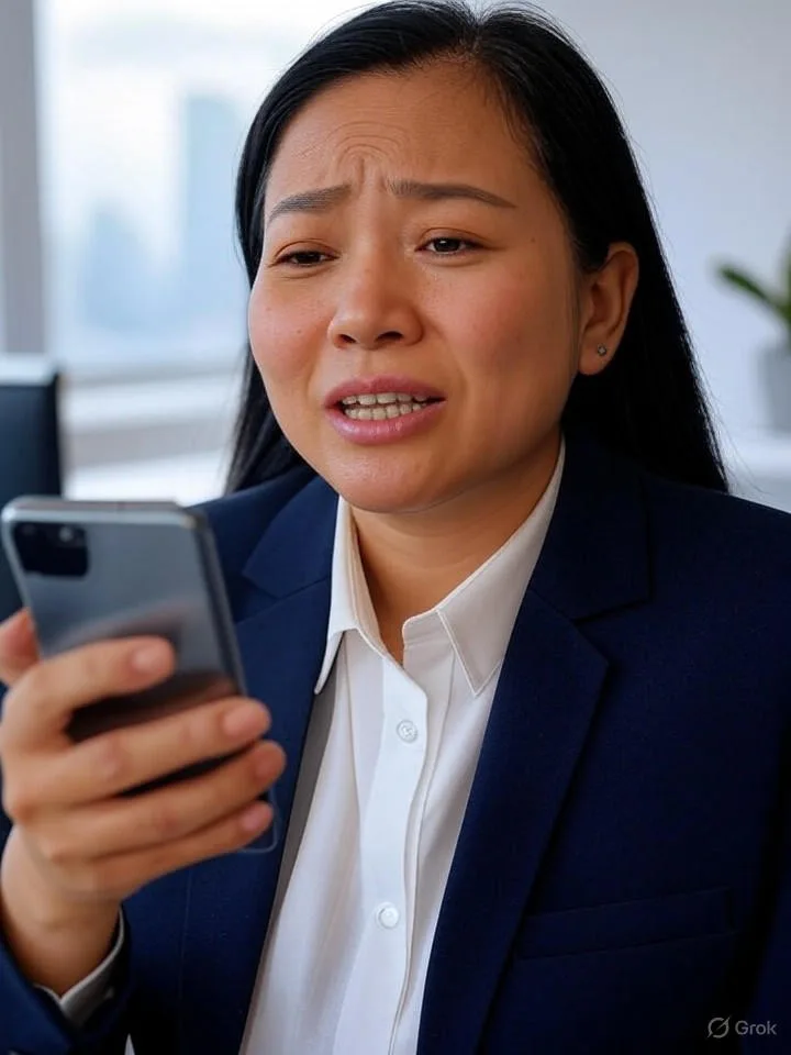 Một người Việt Nam trong văn phòng hiện đại đang nói vào voicebot trên điện thoại, với biểu cảm mặt thể hiện sự hài lòng và lo lắng pha lẫn.