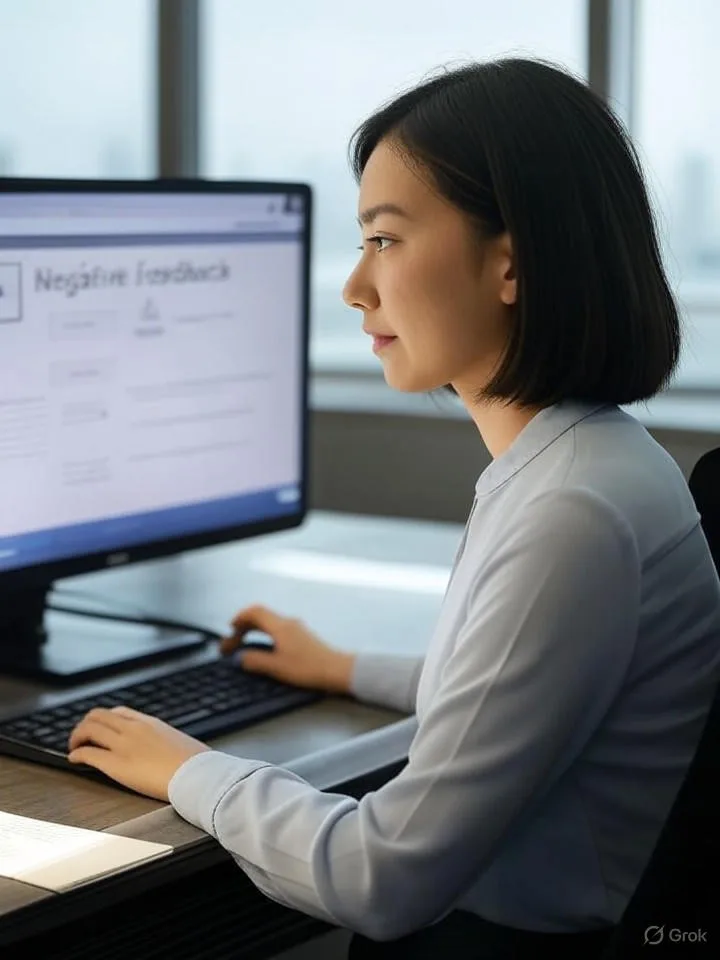 Đại diện dịch vụ khách hàng người Việt đang giám sát hệ thống voicebot trên màn hình máy tính, hiển thị cảnh báo phản hồi tiêu cực trong văn phòng hiện đại.