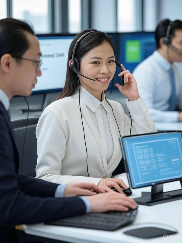 Hình ảnh trung tâm gọi hiện đại với ba nhân viên châu Á: một người xử lý cuộc gọi qua tai nghe, một người xem bảng điều khiển 