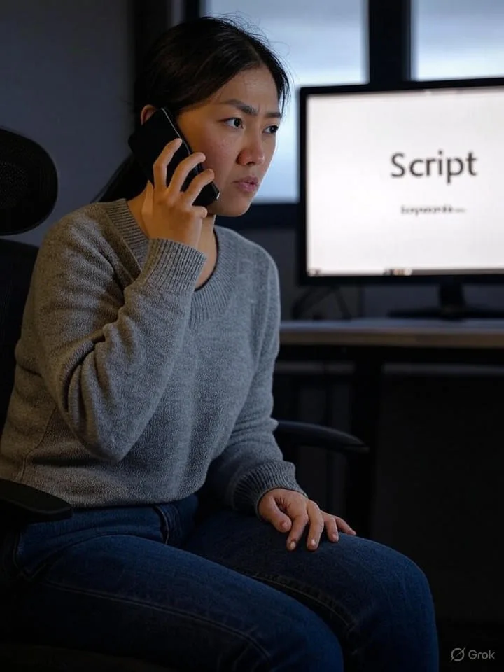 Phụ nữ Việt Nam trông bực bội khi gọi điện với Voicebot trong văn phòng tại nhà, mặc trang phục casual, cầm smartphone và nhìn màn hình hiển thị 