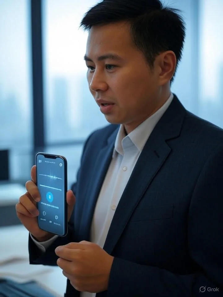 Khách hàng Việt Nam đang tương tác tự nhiên với Voicebot trên điện thoại thông minh trong văn phòng hiện đại, hiển thị sóng âm, biểu tượng cảm xúc và văn bản 