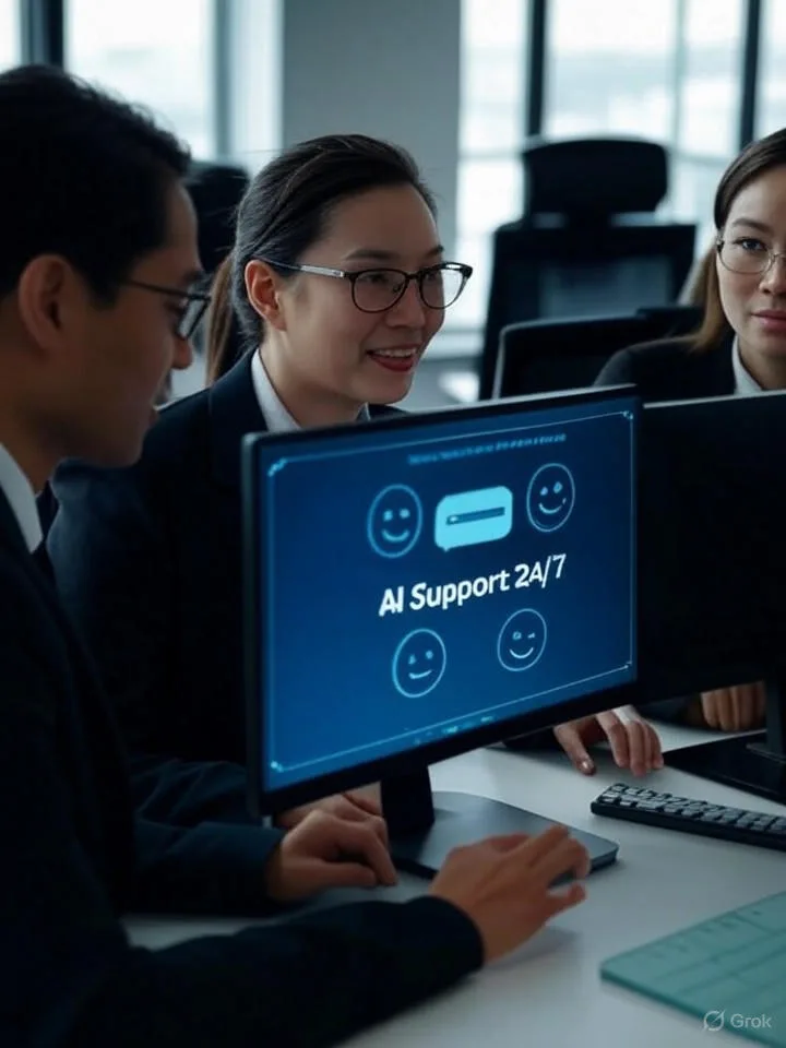 Hai nhân viên dịch vụ khách hàng Việt Nam hợp tác tại bàn làm việc trong văn phòng hiện đại, sử dụng Voicebot với giao diện chatbot AI hiển thị 