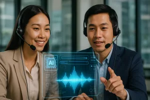 Trong văn phòng hiện đại, hai nhân viên chăm sóc khách hàng người Việt đội tai nghe tương tác với giao diện AI holographic hiển thị sóng âm và UI kỹ thuật số, minh họa kịch bản voicebot