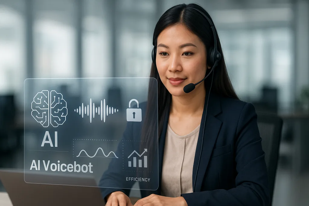 Kịch bản Voicebot: 5 Bước Để Huấn Luyện Đỉnh Cao 2025! 1 Nữ nhân viên tổng đài người Việt thực hiện kịch bản voicebot trước bàn làm việc hiện đại, giao diện holographic hiển thị chữ AI Voicebot, biểu tượng bộ não AI, sóng âm, ổ khóa, đồ thị cá nhân hóa và chỉ số hiệu quả