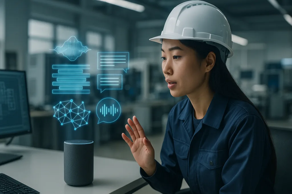 Kịch bản Voicebot: 5 Bước Để Huấn Luyện Đỉnh Cao 2025! 2 Kỹ sư nữ Việt Nam thử nghiệm kịch bản voicebot trong văn phòng công nghệ cao với mô phỏng sóng âm, biểu tượng mạng nơ-ron và thuật toán