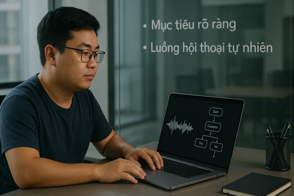 Kịch bản Voicebot: 5 Bước Để Huấn Luyện Đỉnh Cao 2025! 3 Nhà phát triển Việt Nam trong văn phòng hiện đại tạo kịch bản voicebot trên laptop, hiển thị sóng âm và luồng hội thoại, bảng kính ghi Mục tiêu rõ ràng và Luồng hội thoại tự nhiên