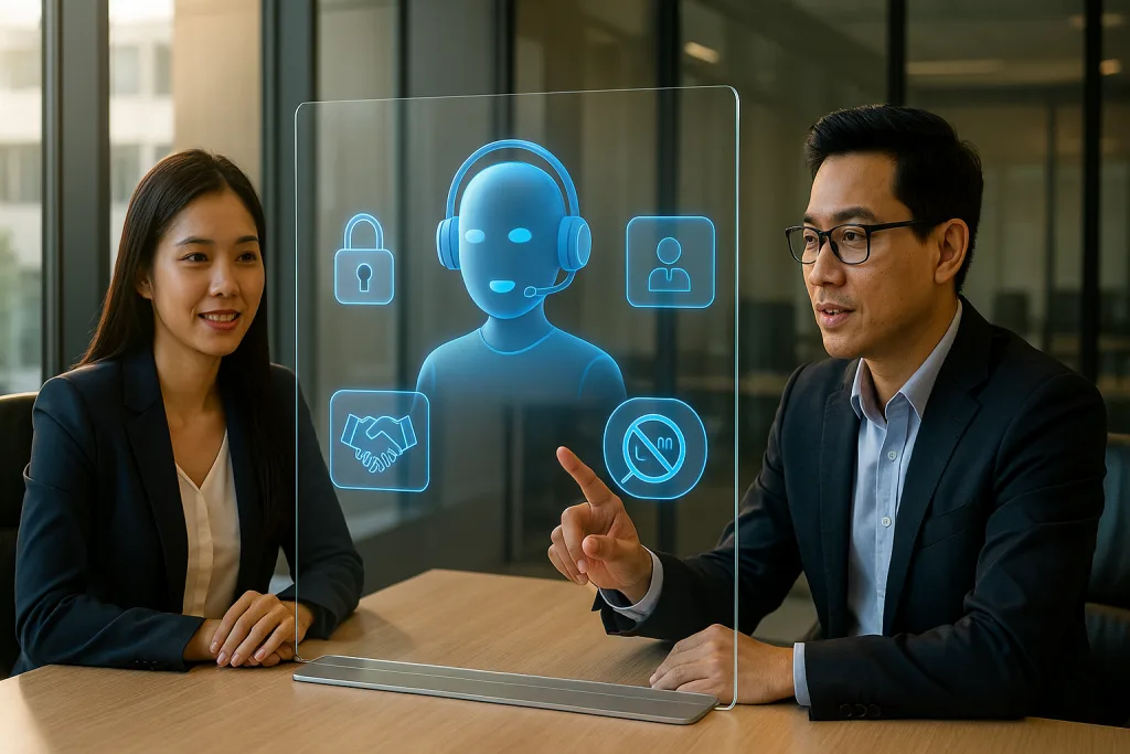 Kịch bản Voicebot: 5 Bước Để Huấn Luyện Đỉnh Cao 2025! 4 Hai chuyên gia Việt Nam xem kịch bản voicebot trên màn hình trong phòng họp hiện đại với biểu tượng bảo mật, chuyển giao và ngăn chặn spam