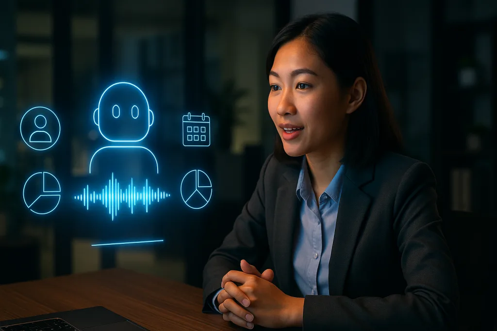 Doanh nhân nữ Việt Nam tương tác với Voicebot là gì qua giao diện holographic phát sáng, biểu đồ CRM và lịch hẹn trong không gian văn phòng hiện đại
