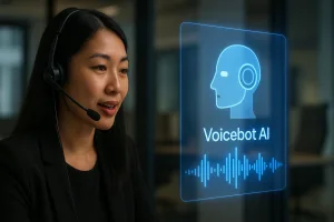 Phụ nữ Việt Nam đeo tai nghe trò chuyện với giao diện AI hologram có chữ "Voicebot AI" trong văn phòng hiện đại, minh họa cho Voicebot là gì