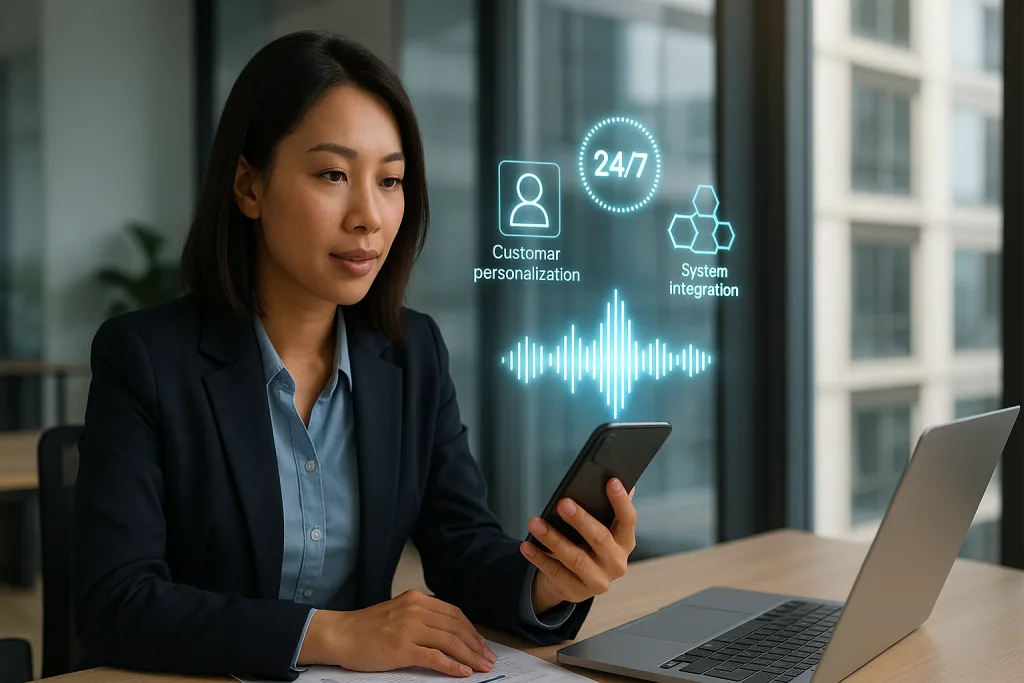Nữ doanh nhân Việt Nam trong văn phòng hiện đại cầm smartphone với sóng âm thanh holographic và biểu đồ dữ liệu nổi, thể hiện Voicebot là gì