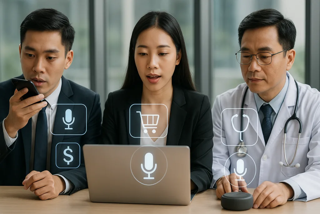 Ba chuyên gia Việt Nam trong văn phòng hiện đại sử dụng trợ lý giọng nói – ngân hàng, thương mại điện tử và bác sĩ – minh họa khái niệm Voicebot là gì với giao diện holographic cho tài chính, mua sắm và y tế