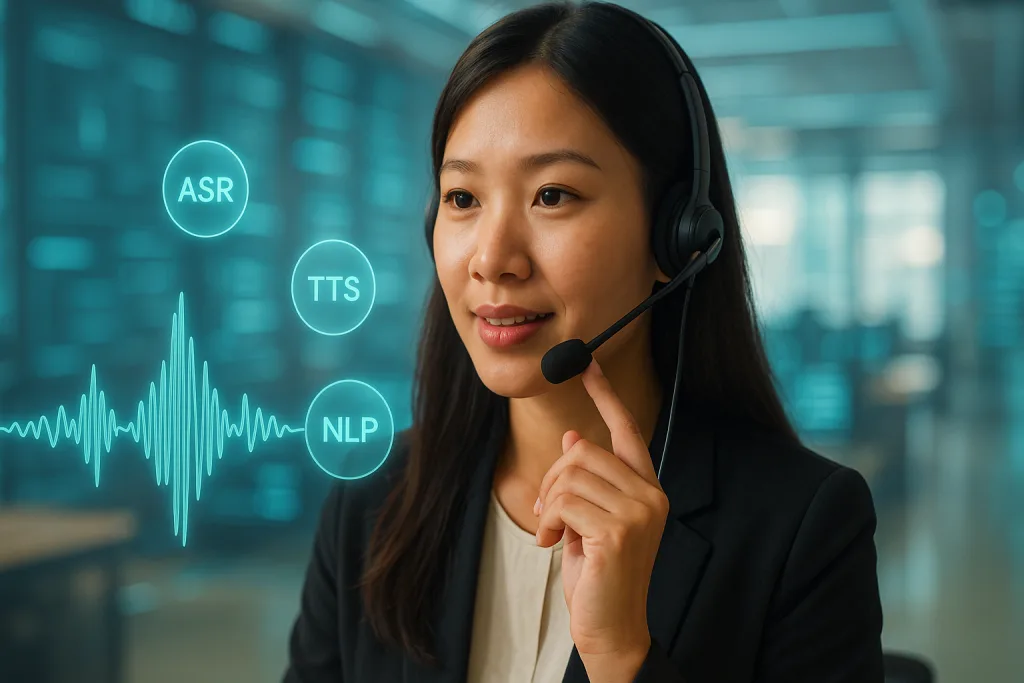 Nhân viên hỗ trợ khách hàng người Việt đeo tai nghe hiện đại, sóng âm holographic và biểu tượng ASR, TTS, NLP trong trung tâm cuộc gọi tương lai – Voicebot là gì