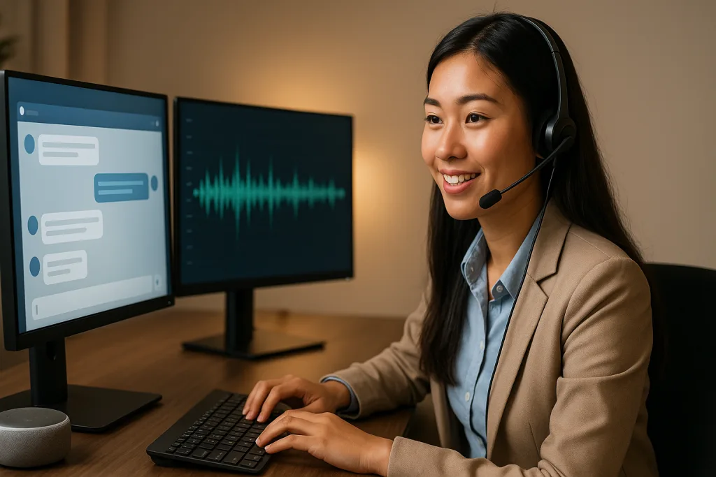 Nhân viên chăm sóc khách hàng nữ Việt Nam với headset trước hai màn hình hiển thị cửa sổ chat và sóng âm trực tiếp, cùng thiết bị voicebot minh họa Voicebot là gì