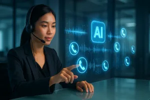 Tổng đài viên ảo Việt Nam đeo tai nghe hiện đại tại bàn kính, tương tác với giao diện AI 3D phát sáng gồm biểu tượng điện thoại, đồ thị sóng và luồng dữ liệu số trong văn phòng tương lai ánh sáng dịu