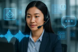 Tổng đài viên ảo nữ Việt Nam đeo tai nghe hiện đại trong văn phòng tối giản, xung quanh là giao diện AI xanh dương và sóng âm kỹ thuật số
