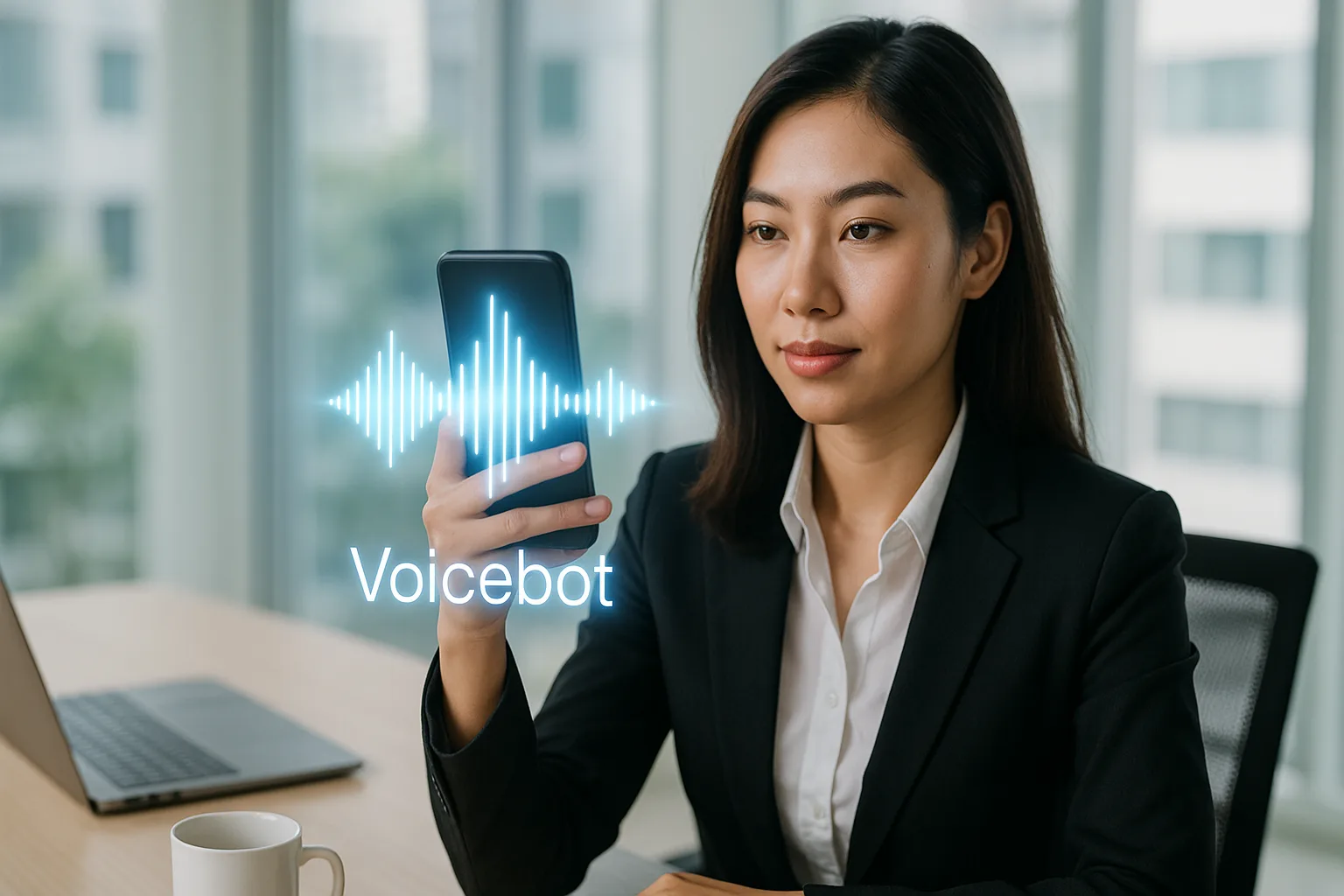 Tổng đài viên ảo do nữ doanh nhân Việt Nam trẻ vận hành, cầm smartphone trong văn phòng hiện đại, giao diện AI holograph với sóng âm thanh và chữ Voicebot, bàn làm việc gọn gàng dưới ánh sáng tự nhiên