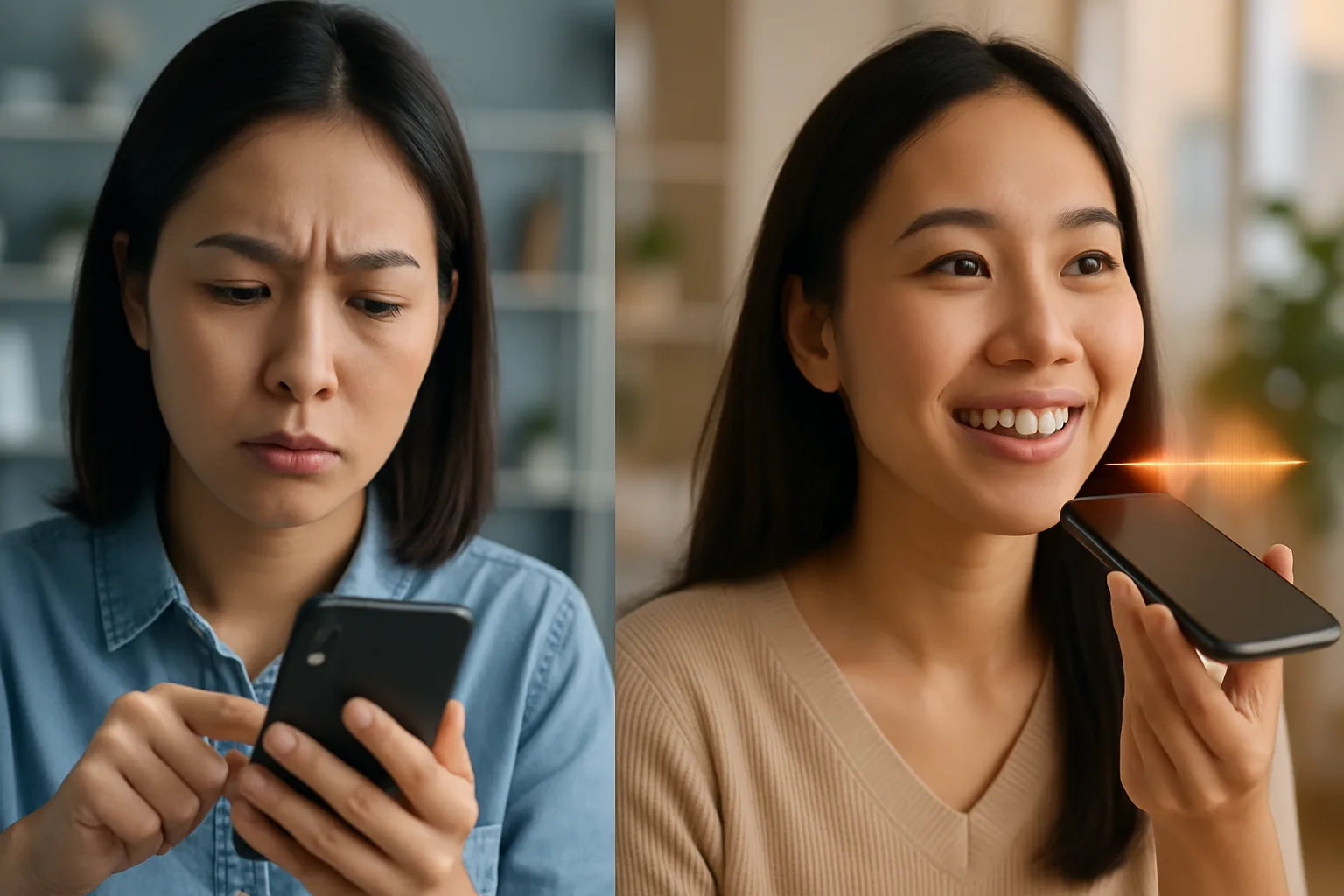 Tổng đài viên ảo chia đôi cảnh: bên trái cô gái Việt buồn rầu bấm nút quay số trên điện thoại, bên phải cô mỉm cười trò chuyện với sóng giọng nói AI phát sáng trong văn phòng hiện đại