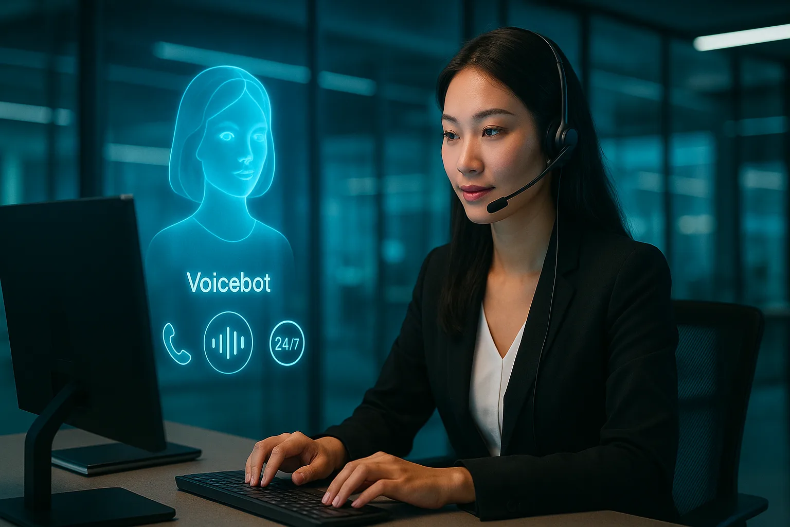 Tổng đài viên ảo nữ nhân viên chăm sóc khách hàng Việt Nam tương tác với avatar hologram AI Voicebot và các biểu tượng điện thoại, sóng âm, đồng hồ 24/7 trên bàn làm việc công nghệ cao