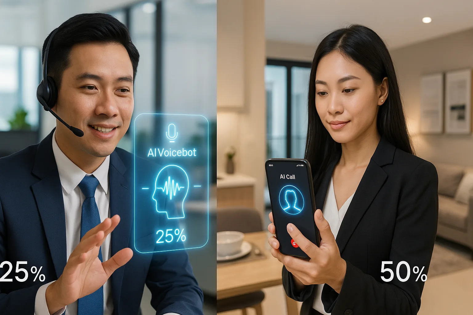 Tổng đài viên ảo: nhân viên ngân hàng nam tương tác với giao diện AI hologram, bên cạnh nữ môi giới bất động sản cầm điện thoại với cuộc gọi AI