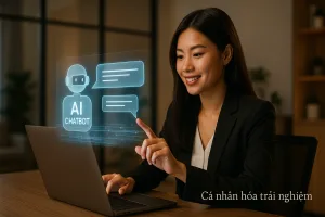 Nữ doanh nhân ngồi trong văn phòng hiện đại tương tác với chatbot doanh nghiệp holographic trên laptop, chat bubbles và dòng dữ liệu, chữ “Cá nhân hóa trải nghiệm” ở góc phải