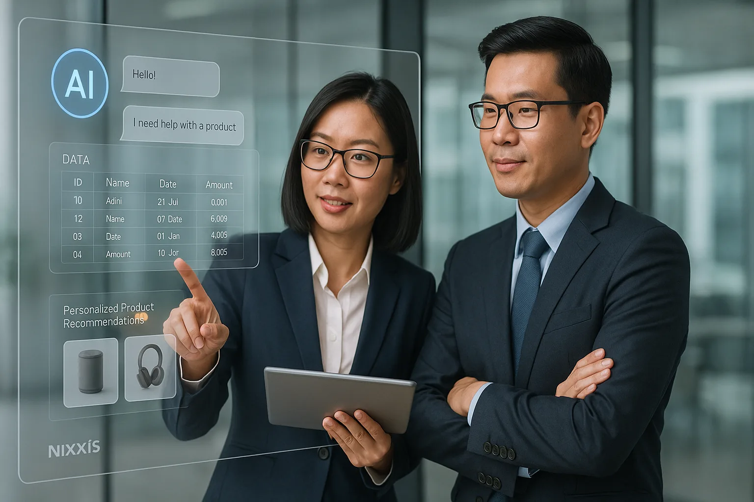 Hai chuyên gia Việt Nam trong văn phòng kính hiện đại tương tác với giao diện AI mang logo Nixxis, hiển thị chatbot doanh nghiệp, bảng dữ liệu nội bộ và gợi ý sản phẩm Hai chuyên gia Việt Nam trong văn phòng kính hiện đại tương tác với giao diện AI mang logo Nixxis, hiển thị chatbot doanh nghiệp, bảng dữ liệu nội bộ và gợi ý sản phẩm