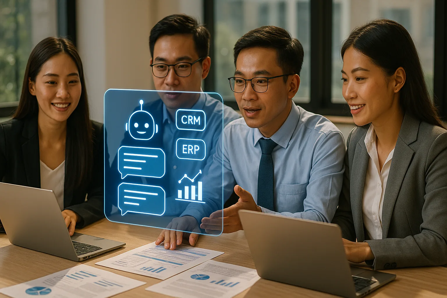 Ba chuyên gia Việt Nam ngồi tại văn phòng hiện đại, sử dụng chatbot doanh nghiệp holographic hiển thị biểu đồ và biểu tượng CRM/ERP cùng máy tính xách tay và tài liệu kinh doanh Ba chuyên gia Việt Nam ngồi tại văn phòng hiện đại, sử dụng chatbot doanh nghiệp holographic hiển thị biểu đồ và biểu tượng CRM/ERP cùng máy tính xách tay và tài liệu kinh doanh