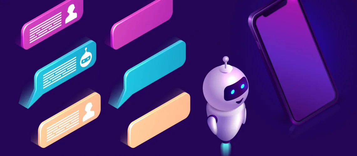 Chatbot technology, isometric set vector illustration. Ultraviolet background with mobile phone, artificial intelligence or robot figure, text bubble or message icons, interface design elements