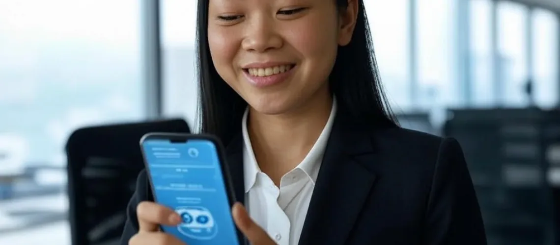 Một phụ nữ trẻ người Việt đang mỉm cười tương tác với chatbot tương lai trên điện thoại thông minh trong văn phòng công nghệ cao, đại diện cho tương lai chatbot.
