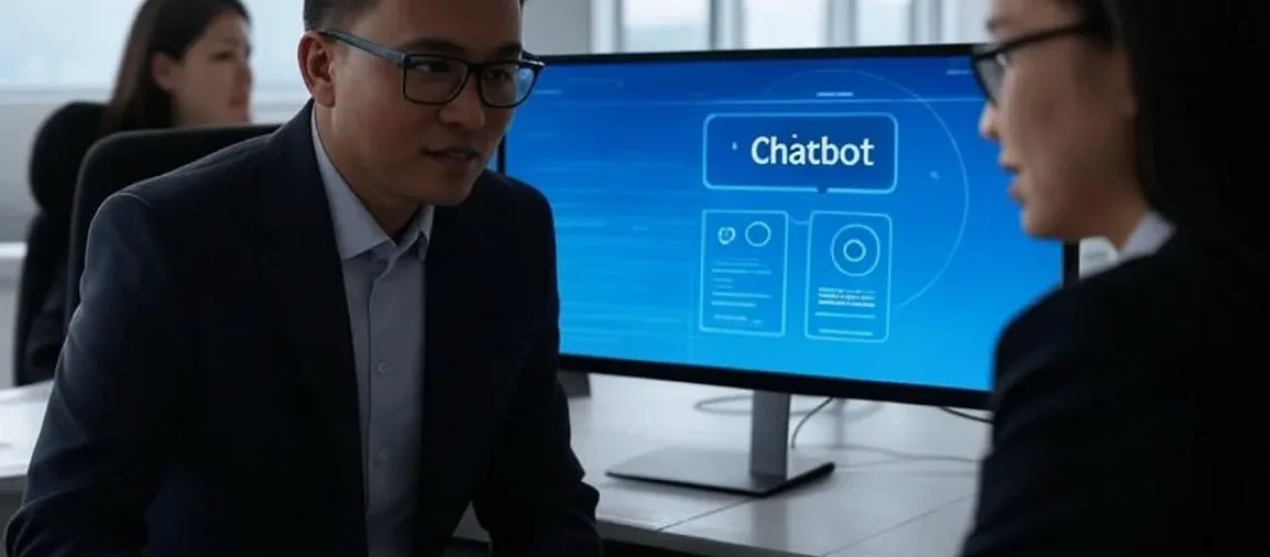 Chatbot bán hàng trong văn phòng hiện đại Việt Nam, với giao diện trên màn hình máy tính hỗ trợ khách hàng, hai cố vấn đang hợp tác—one kiểm tra màn hình và người kia tương tác với khách hàng.