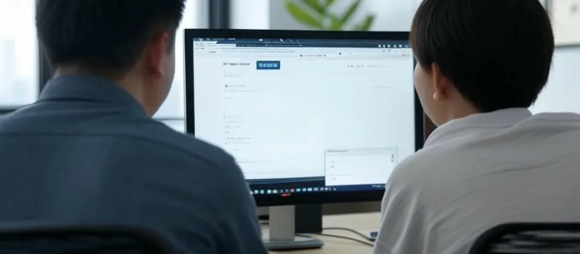 Hình ảnh so sánh AI chatbot với trò chuyện trực tiếp trong văn phòng cửa hàng trực tuyến hiện đại Việt Nam, với hai cá nhân đang xem màn hình máy tính hiển thị giao diện e-commerce.