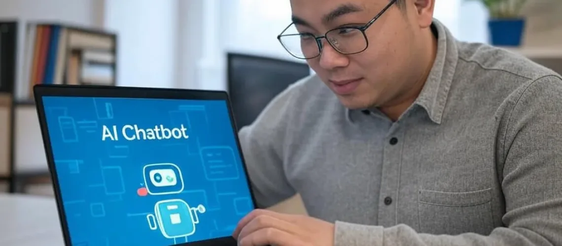 Chủ cửa hàng trẻ người Việt đang tương tác với chatbot 24/7 trên màn hình laptop trong văn phòng hiện đại tại nhà.