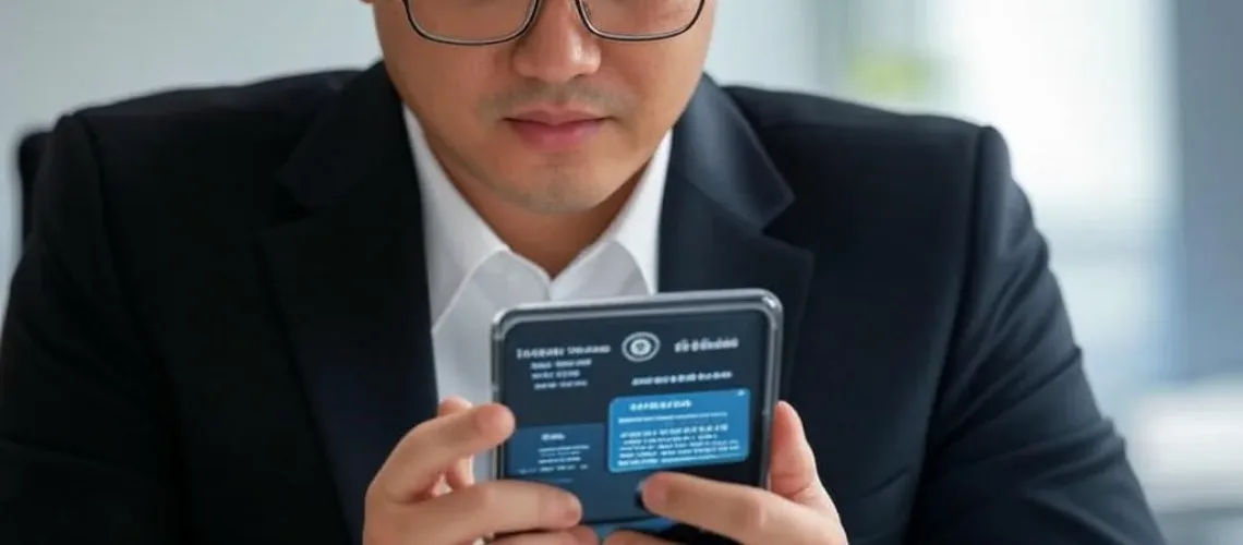 Một người lớn Việt Nam đang tập trung sử dụng smartphone để tương tác với giao diện chatbot AI cho tự động hóa hỏi đáp thủ tục hành chính trong văn phòng hiện đại.