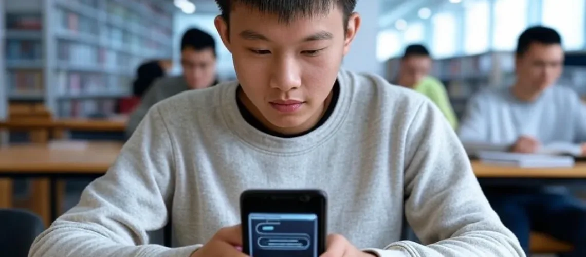 alt="Học sinh trẻ người Việt đang tương tác với chatbot học vụ trên điện thoại thông minh trong thư viện đại học hiện đại, với sách và laptop xung quanh, tạo không khí hữu ích và hiệu quả."