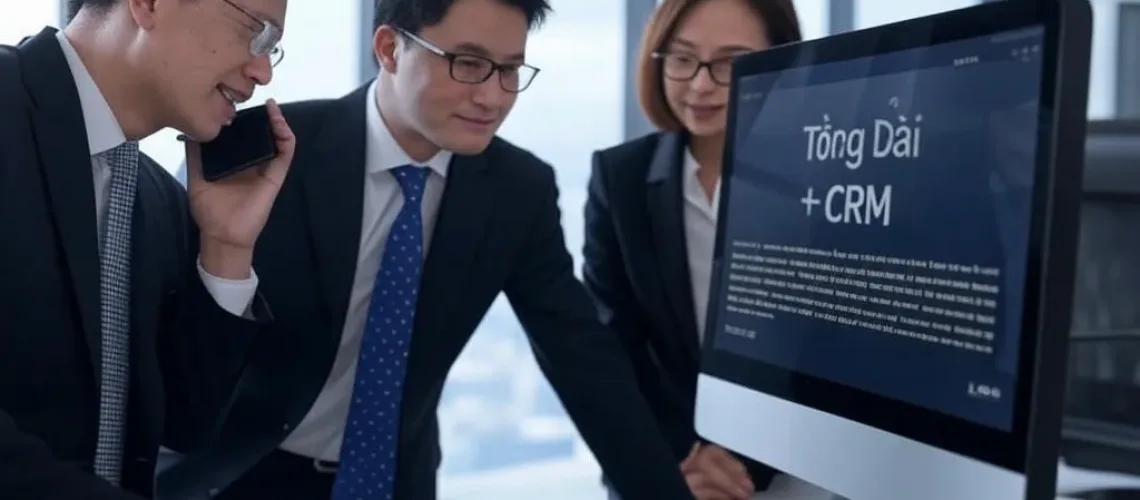 Ba chuyên gia Việt Nam trong văn phòng hiện đại đang so sánh tổng đài với hệ thống CRM, một người gọi điện thoại và hai người xem bảng điều khiển chung với chữ "Tổng Đài + CRM".