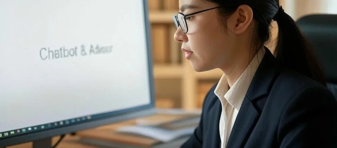 Cố vấn đại học Việt Nam trẻ tuổi, mặc trang phục chuyên nghiệp, đang tương tác với chatbot tuyển sinh trên màn hình máy tính, tượng trưng cho sự hợp tác giữa AI và hỗ trợ tuyển sinh.