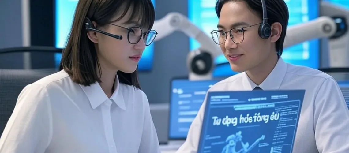 Hình ảnh trung tâm gọi điện hiện đại của Việt Nam, với nhân viên châu Á đang tương tác với giao diện AI trên màn hình, bao quanh bởi các yếu tố công nghệ tự động hóa tổng đài như màn hình kỹ thuật số và cánh tay robot, nhấn mạnh hiệu quả và đổi mới.