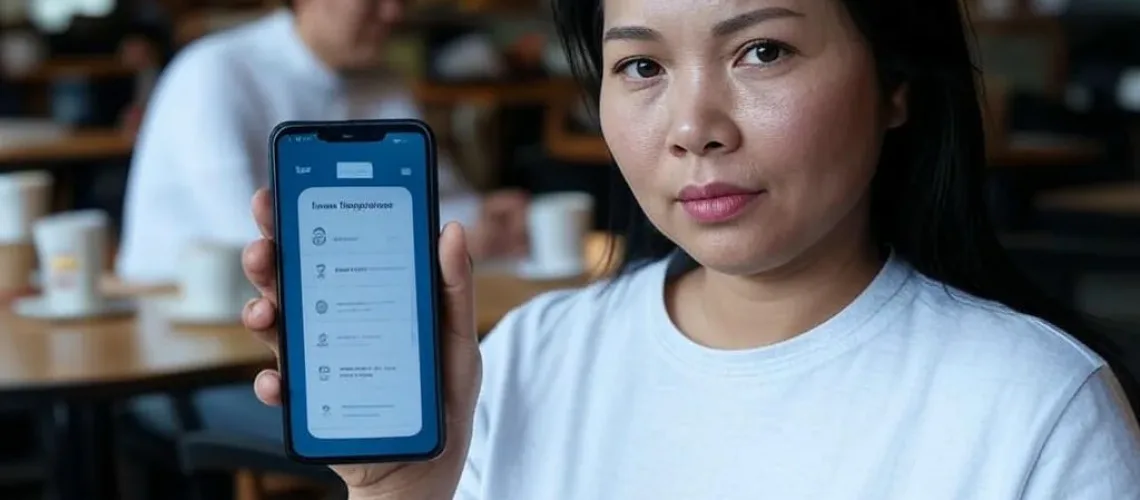 Khách hàng Việt Nam trong quán cà phê nhộn nhịp đang tương tác với chatbot bán hàng trên điện thoại, hiển thị gợi ý thực đơn, và một người khác ở hậu cảnh gần cốc cà phê.
