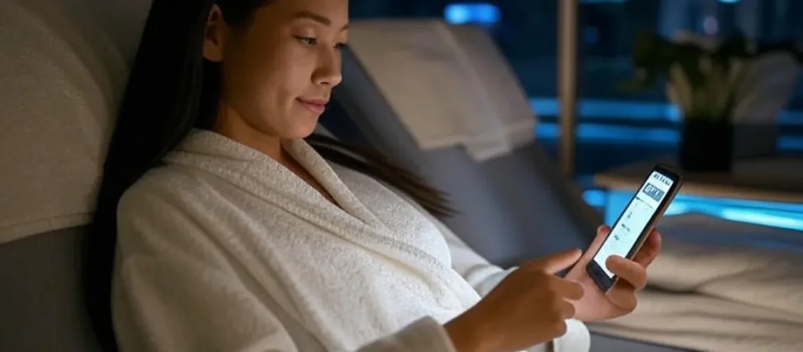 Phụ nữ Việt Nam thư giãn trên ghế dài trong spa hiện đại vào ban đêm, xem chatbot tư vấn spa trên điện thoại với văn bản "Chatbot 24/7".