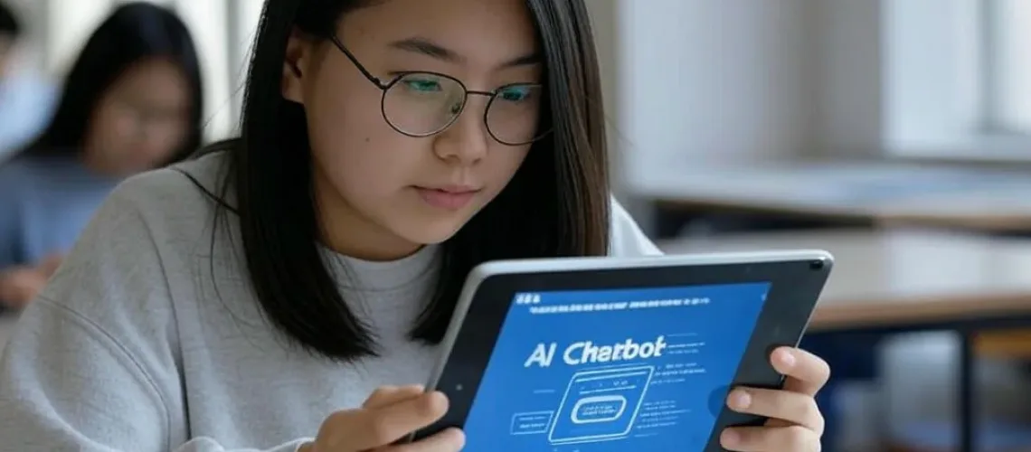 Học sinh Việt Nam đang tương tác với chatbot trong giáo dục trên máy tính bảng, trông hào hứng trong lớp học hiện đại.