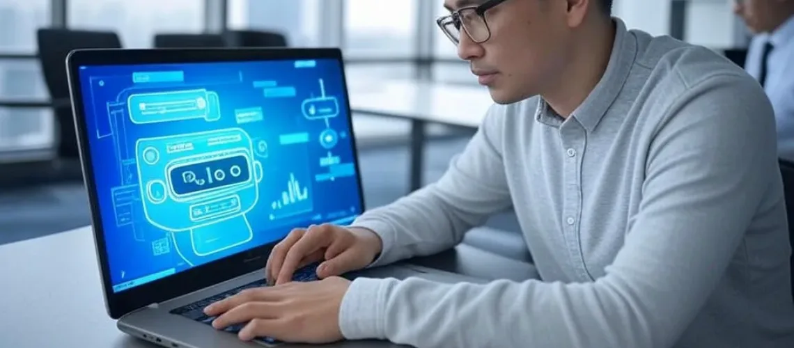 Một chuyên gia kinh doanh Việt Nam đang triển khai chatbot AI trên laptop trong văn phòng hiện đại, với bong bóng chat và biểu đồ tăng trưởng tượng trưng cho thành công kinh doanh.