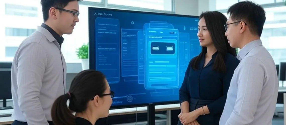 Tương lai của AI Chatbot được minh họa qua hình ảnh ba nhân viên Việt Nam hợp tác với giao diện chatbot trên màn hình lớn trong văn phòng dịch vụ khách hàng hiện đại, thể hiện sự cân bằng giữa công nghệ và tương tác con người.