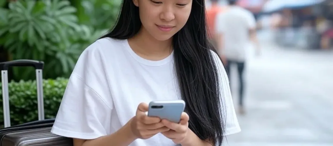 Một phụ nữ trẻ Việt Nam đang sử dụng điện thoại thông minh để tương tác với chatbot du lịch nhằm đặt phòng khách sạn, trong bối cảnh du lịch sôi động với nền nhiệt đới và vali.
