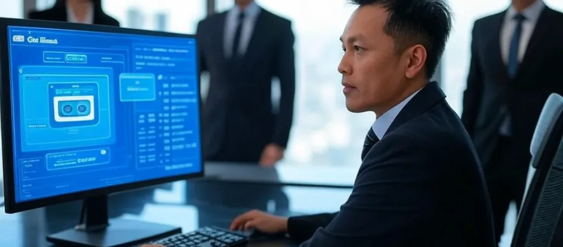 Một chuyên gia kinh doanh Việt Nam đang sử dụng chatbot B2B đa kênh trên máy tính trong văn phòng hiện đại, tập trung vào tương tác công nghệ và dịch vụ khách hàng.