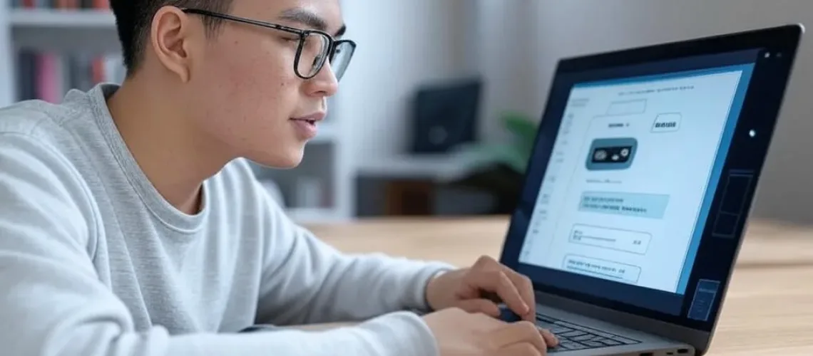 Một sinh viên Việt Nam đang tập trung tương tác với Chatbot AI cho trung tâm tiếng Anh trên laptop, với cửa sổ chatbot hiển thị thông điệp "How can I help you?".