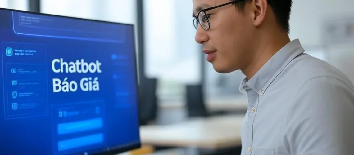 Một chuyên gia trẻ người Việt đang xem giao diện chatbot báo giá trên màn hình máy tính trong văn phòng hiện đại.