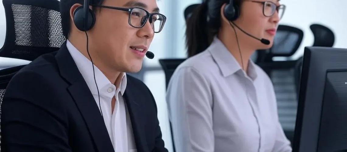 Hai nhân viên dịch vụ khách hàng Việt Nam đang tập trung vào màn hình hiển thị AI phân tích cuộc gọi trong trung tâm gọi hiện đại, thể hiện sự hiệu quả và tích hợp công nghệ.