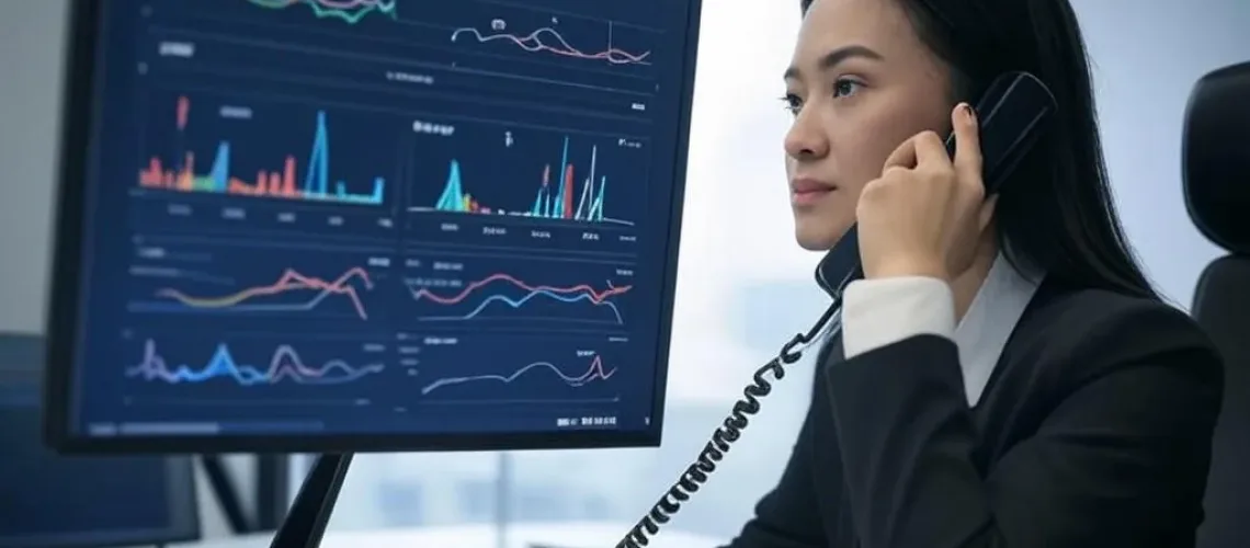 Một nhân viên dịch vụ khách hàng người Việt đang tập trung vào cuộc gọi điện thoại trong văn phòng hiện đại, với màn hình máy tính hiển thị biểu đồ AI phân tích cảm xúc bao gồm các nhãn như 'Happy' và 'Angry'.