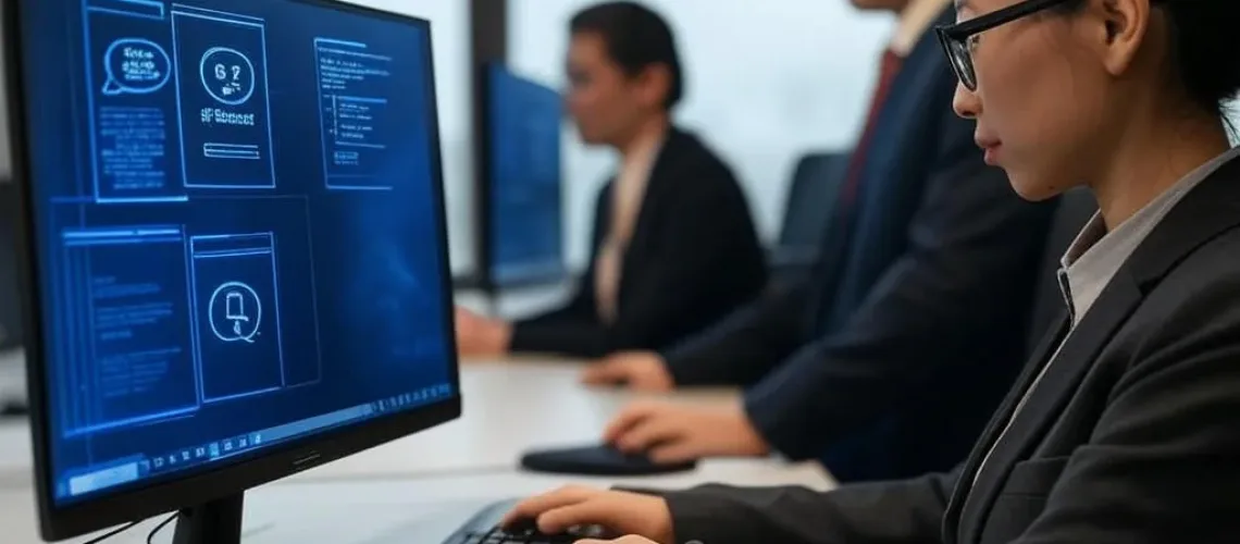 Hình ảnh nhân viên chăm sóc khách hàng Việt Nam tương tác với voicebot chăm sóc khách hàng trên máy tính và điện thoại trong văn phòng hiện đại, nhấn mạnh các yếu tố công nghệ như nhận diện giọng nói.