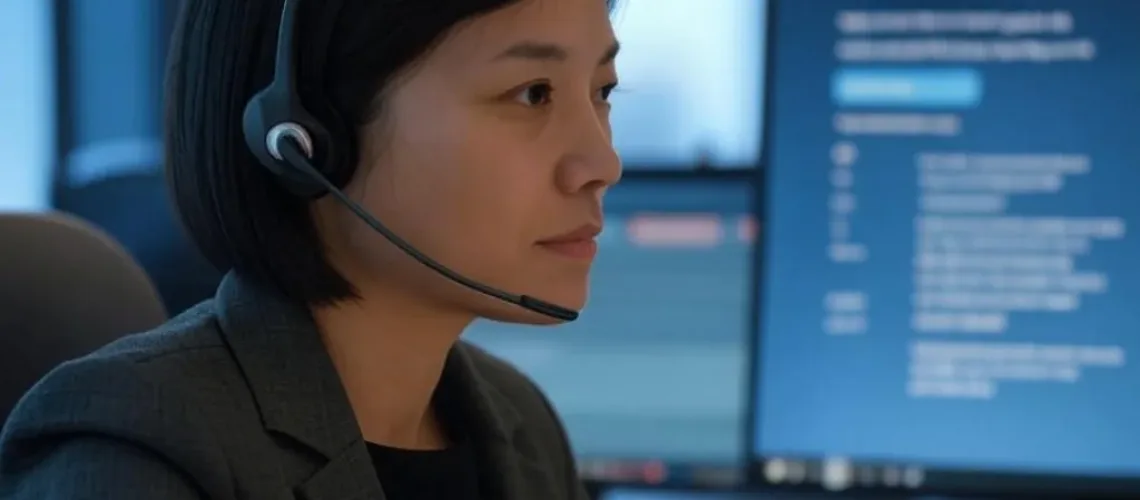 Nhân viên trung tâm gọi Việt Nam đang tập trung sử dụng giao diện AI Call Bot trên máy tính trong văn phòng hiện đại, hiển thị tương tác khách hàng thời gian thực.