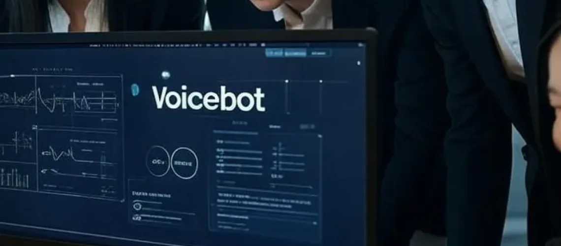 Ba chuyên gia châu Á hợp tác xung quanh giao diện voicebot với các biểu đồ phân tích cuộc gọi trong trung tâm gọi điện hiện đại Việt Nam.